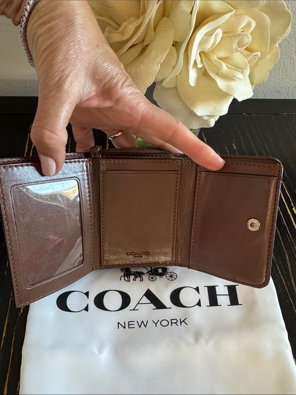 Coach Small Trifold Wallet Signature Canvas Khaki/Saddle Brown colorway - Picture 3 of 6